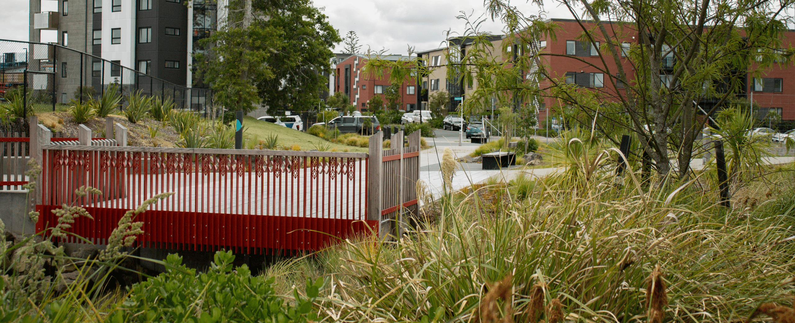 Image of new bridge and trees in a new development