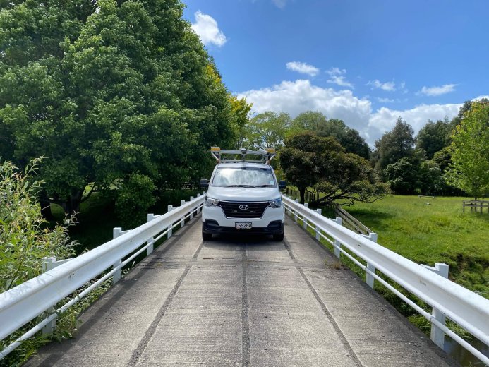 Testing vehicle on small one lane bridge